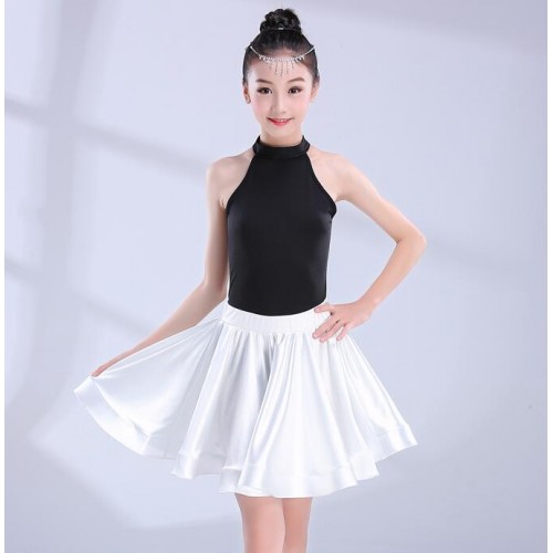 Kids latin dress for girls children royal blue black white patchwork salsa rumba chacha dance tops and skirt